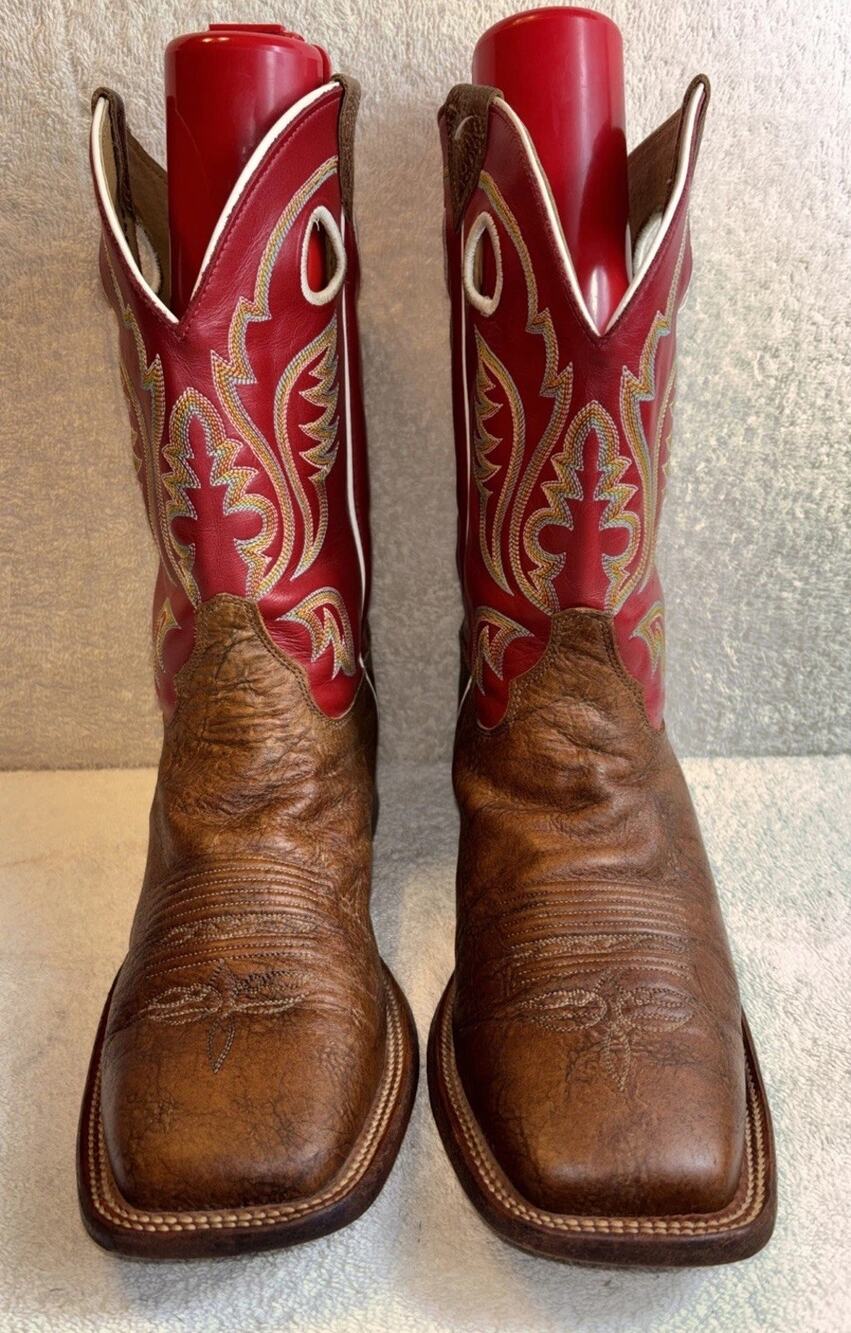 Justin BR 310 Brown/Read Leather Cowboy Boots Men Size 9 EE Square Toe